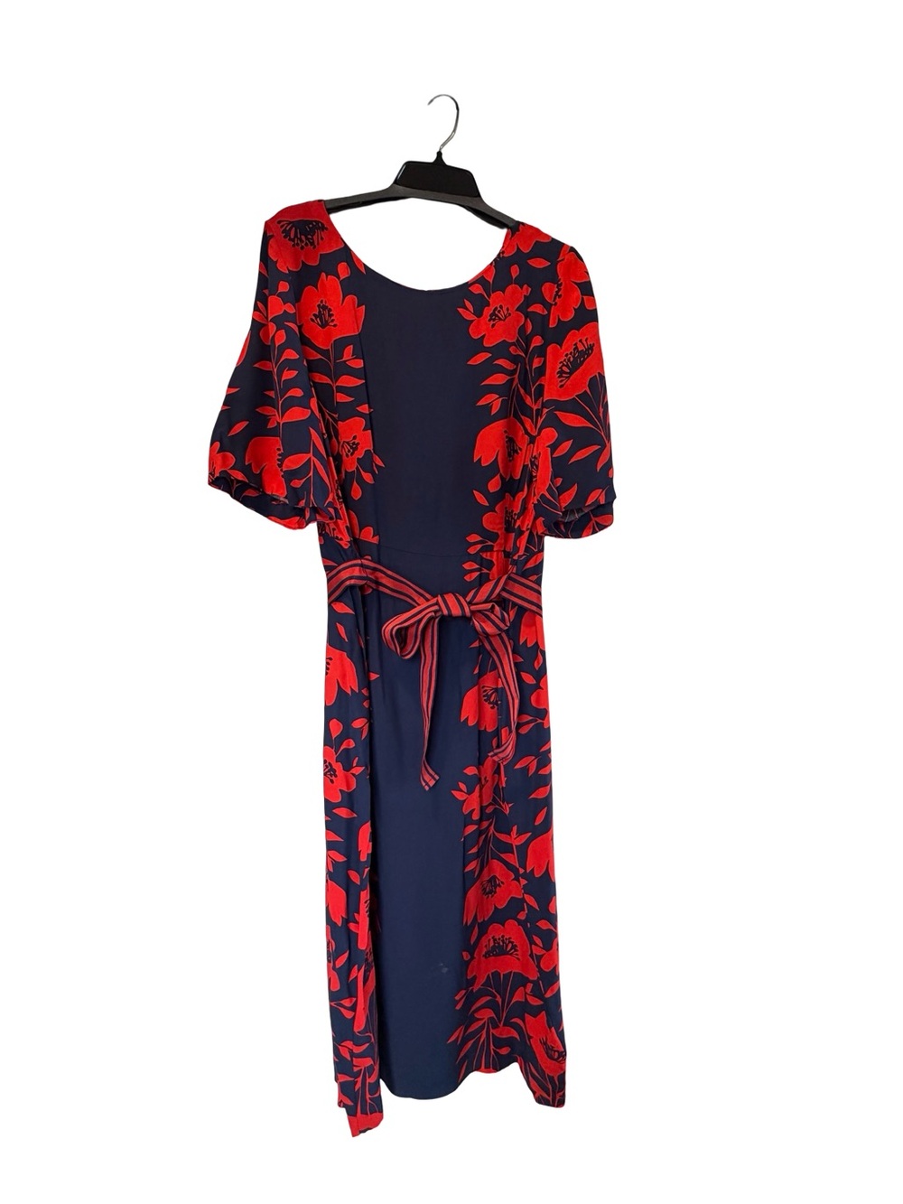 Boden Navy and Red Floral Tie-Waist Midi Dress